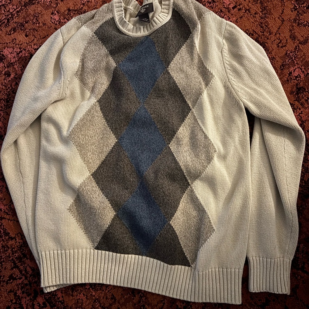 Dockers Men's Argyle Crewneck Sweater - Cream, Gray, and Blue